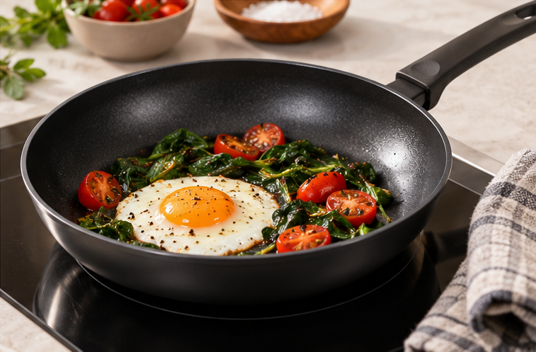A fried egg with wilted spinach and cherry tomatoes in a black non-stick frying pan on a hob