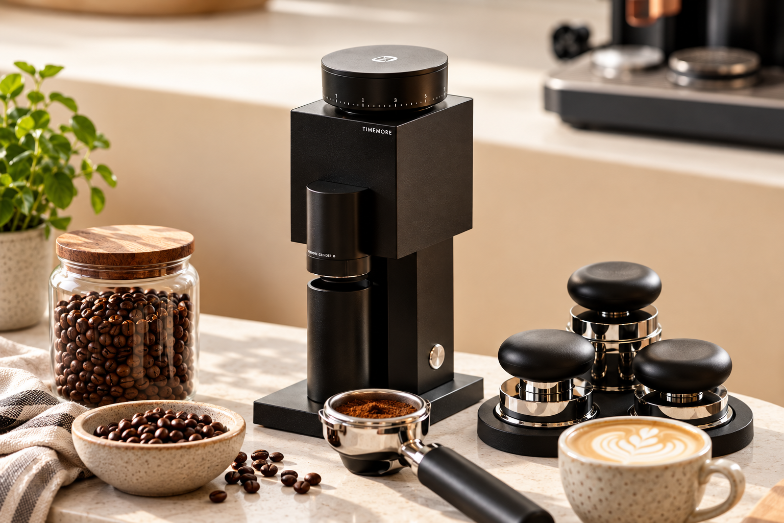 A matte black Timemore coffee grinder with a portafilter of fresh grounds, a jar of roasted beans, three tampers and a cup of latte art on a sunlit kitchen counter