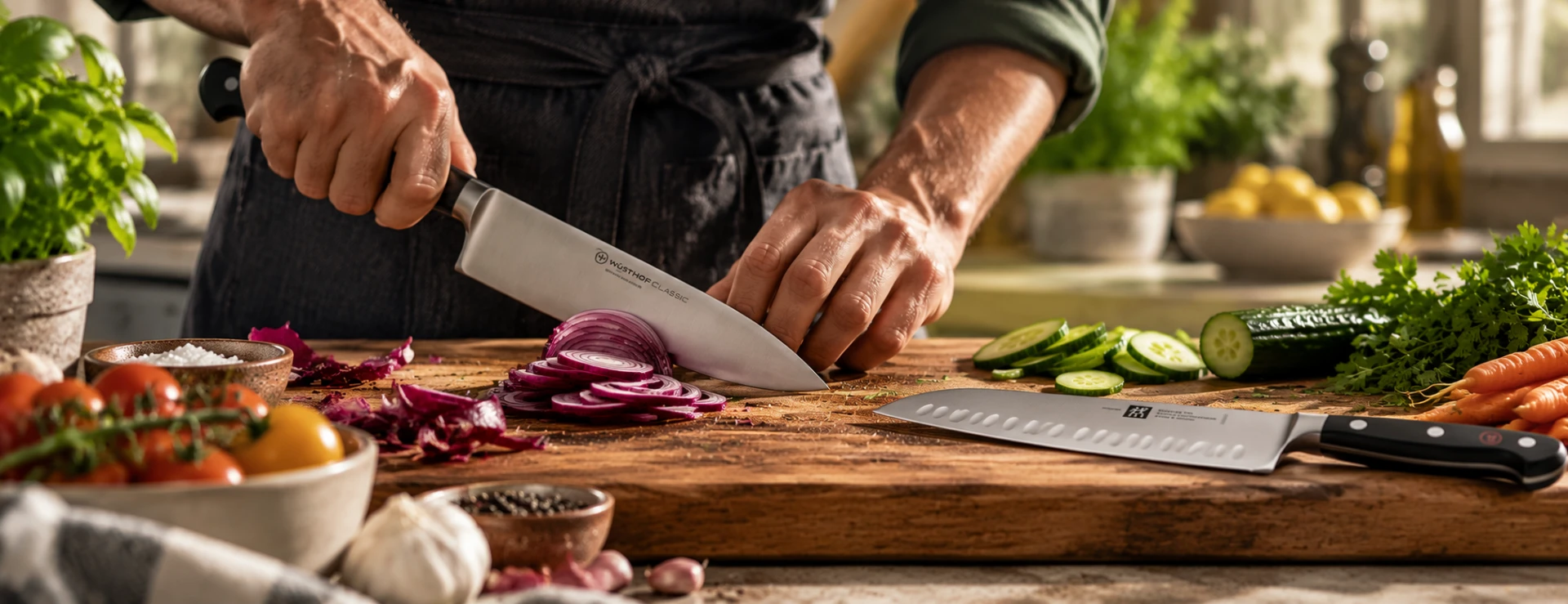 Chef slicing red onion with a chef’s knife while a santoku knife rests on a wooden chopping board.