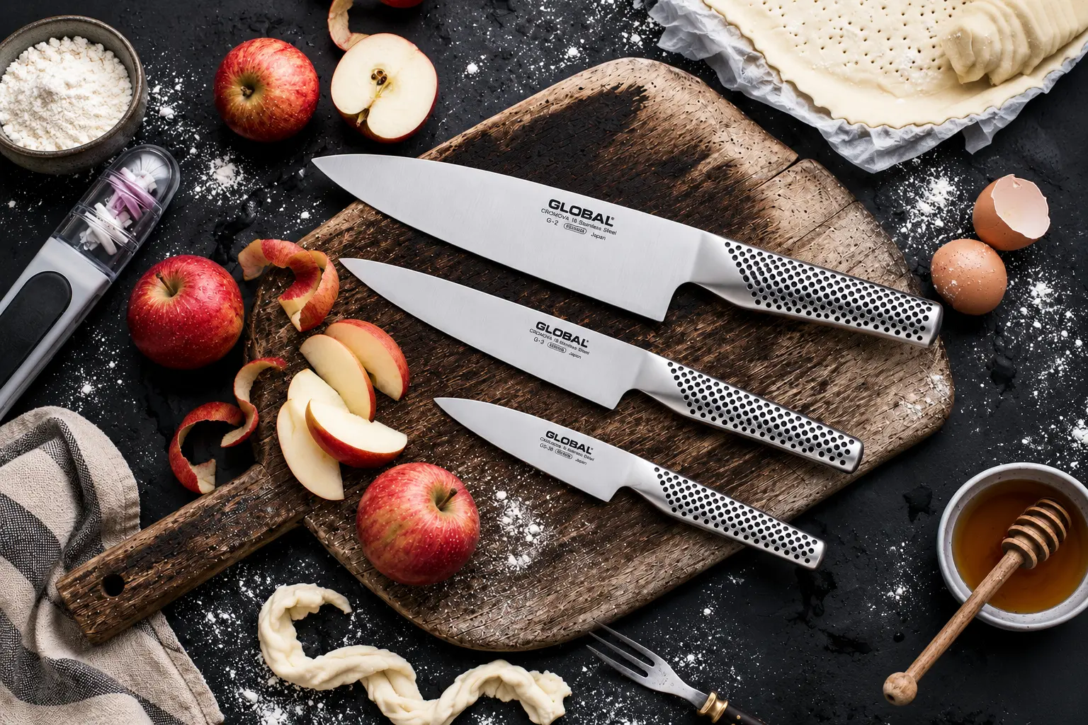 Three Global kitchen knives arranged on a wooden chopping board during food preparation.