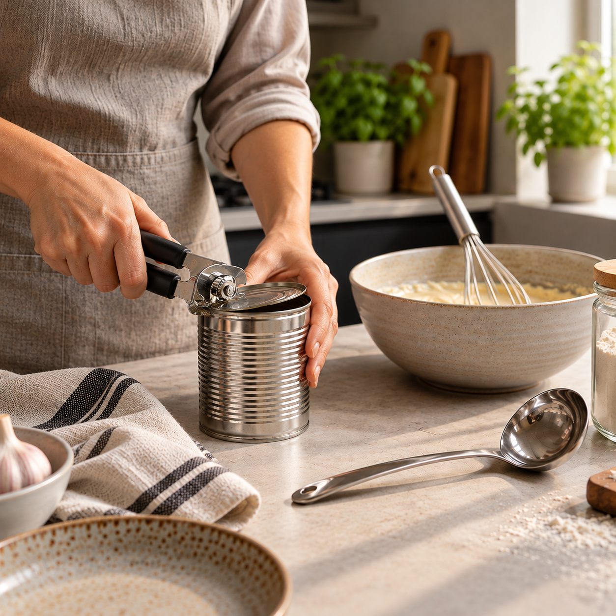 Hands turning a manual can opener on a tin can with the lid lifted, a whisk resting in a bowl of batter beside a stainless ladle