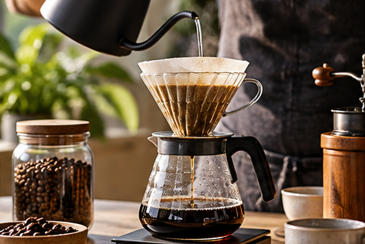 Pouring water over a pour-over coffee dripper with a hand grinder and beans nearby