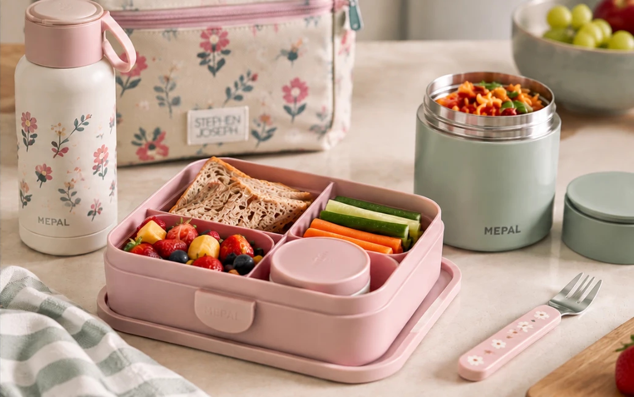 A pink Mepal bento lunchbox filled with sandwiches, berries and vegetable sticks beside a Mepal flask, floral Stephen Joseph lunch bag and a sage insulated food jar