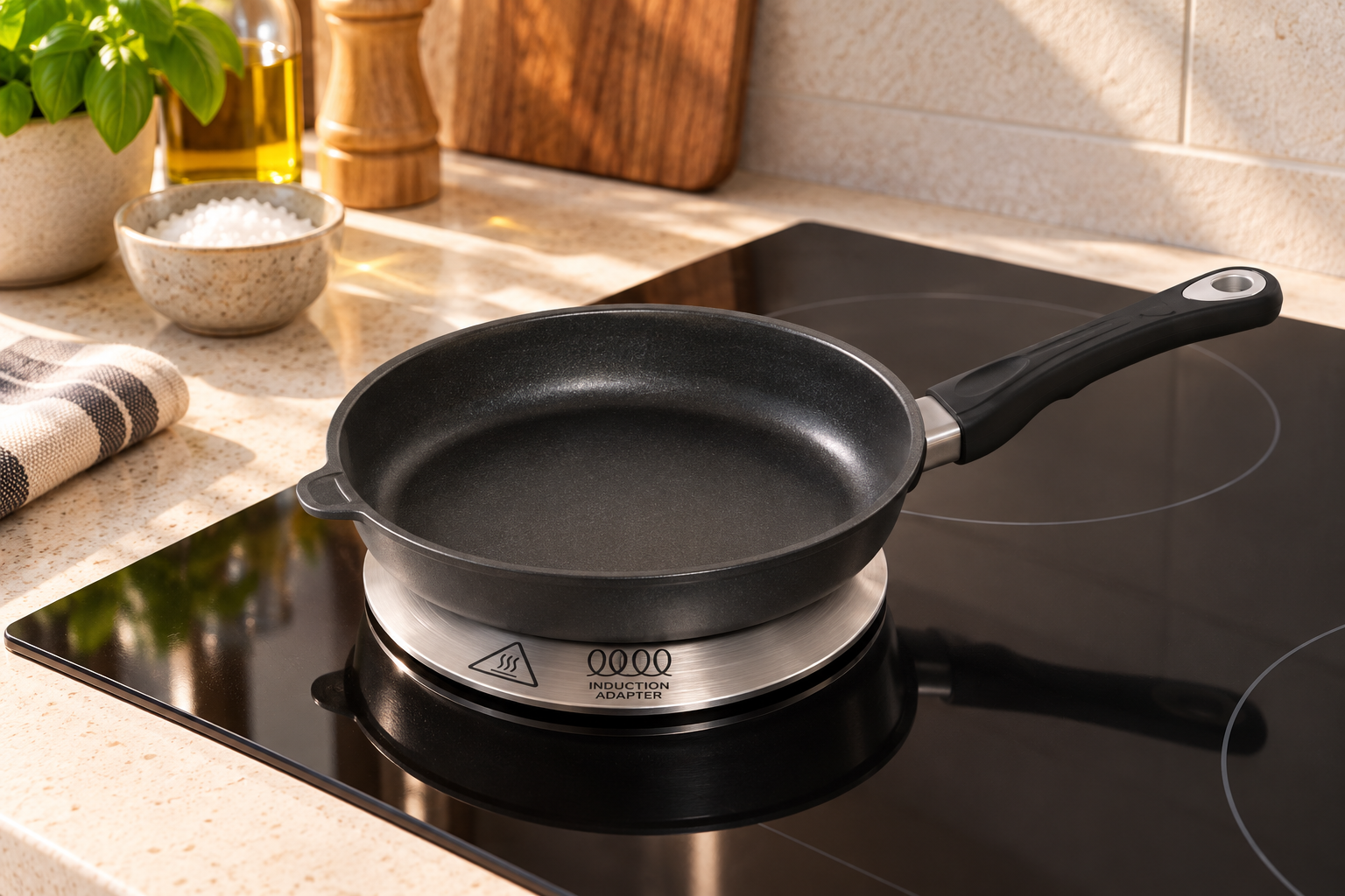 A stainless steel induction adapter plate on a black induction cooktop with a frying pan sitting on top, in a sunlit kitchen