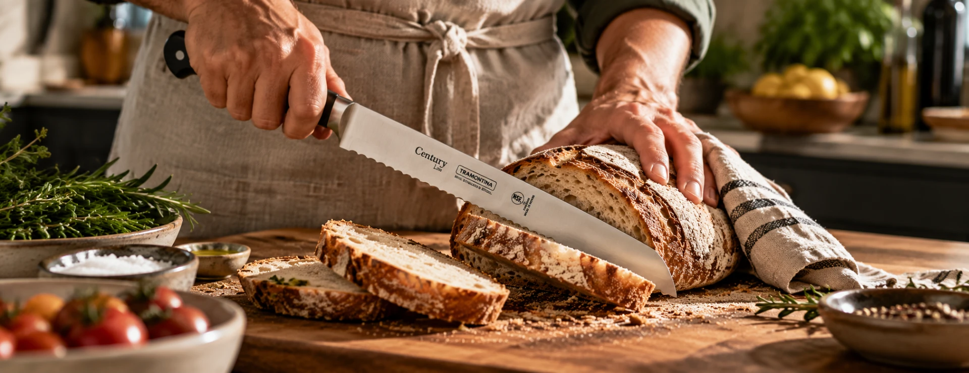 Hands slicing sourdough bread with a Tramontina Century serrated bread knife on a wooden chopping board.