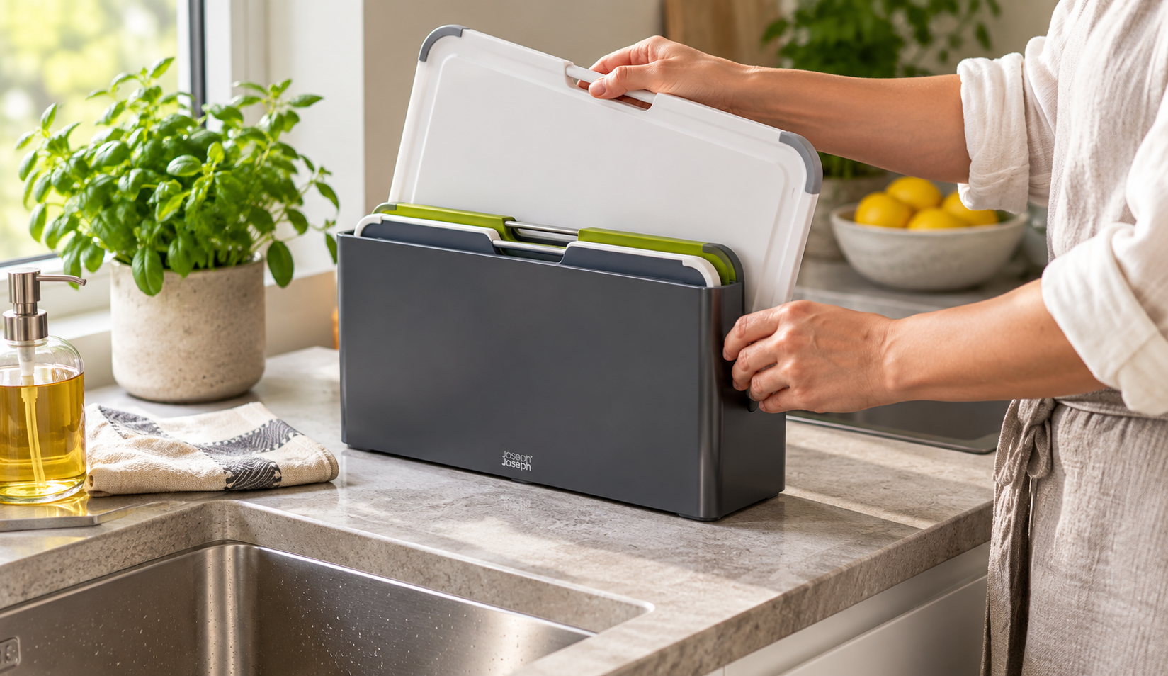 A cook storing clean plastic chopping boards upright in a grey countertop organiser in a bright modern kitchen