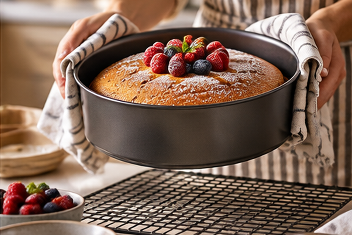 Lifting a freshly baked berry-topped cake in its tin onto a cooling rack