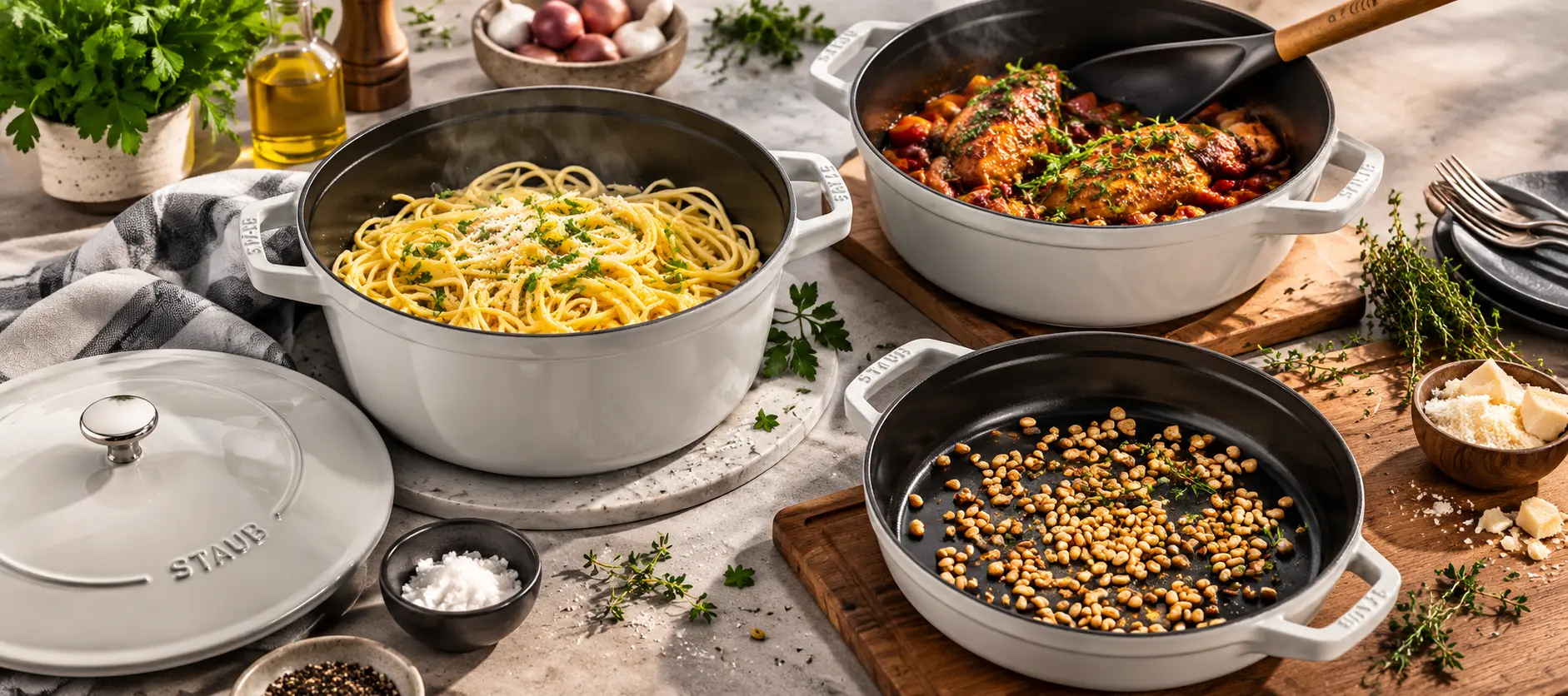 Three off-white enameled cast-iron vessels on a stone worktop: a pot of steaming pasta, a braiser of chicken with tomatoes, and a skillet of toasted pine nuts, with parsley, olive oil and garlic nearby