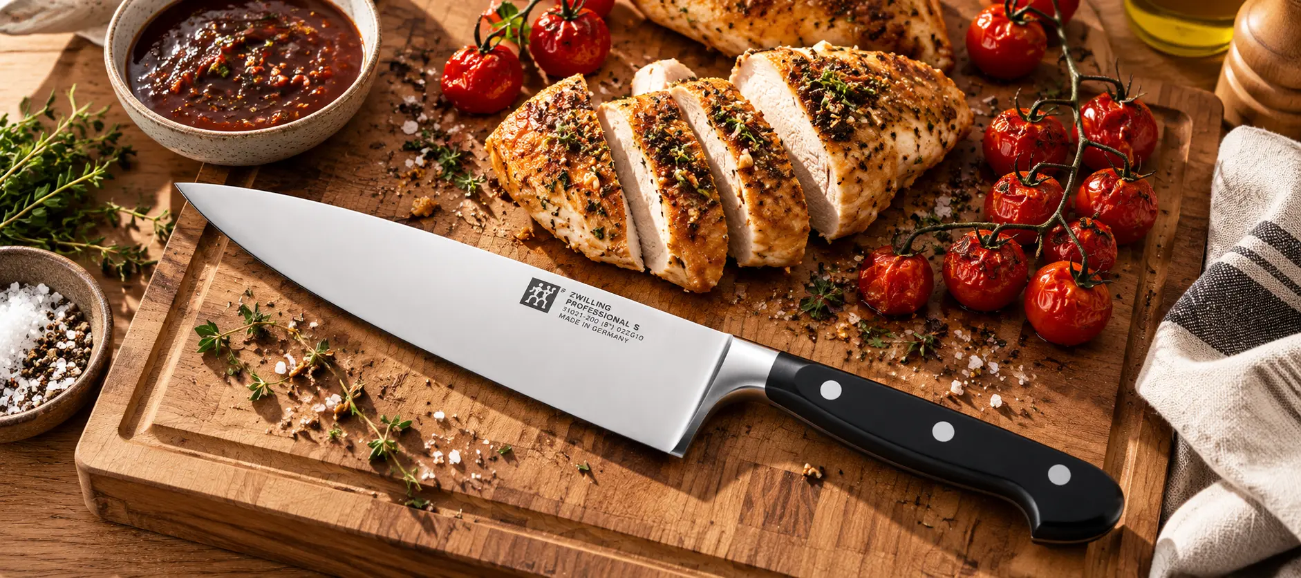 Zwilling Professional S chef's knife on a wooden chopping board beside sliced roasted chicken and tomatoes.