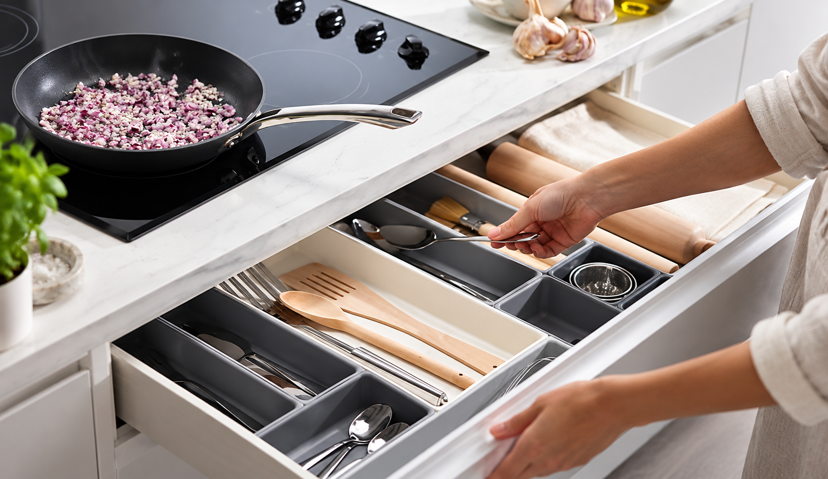 A person placing a spoon into an organised kitchen drawer with wooden, metal and silicone utensils in divided compartments