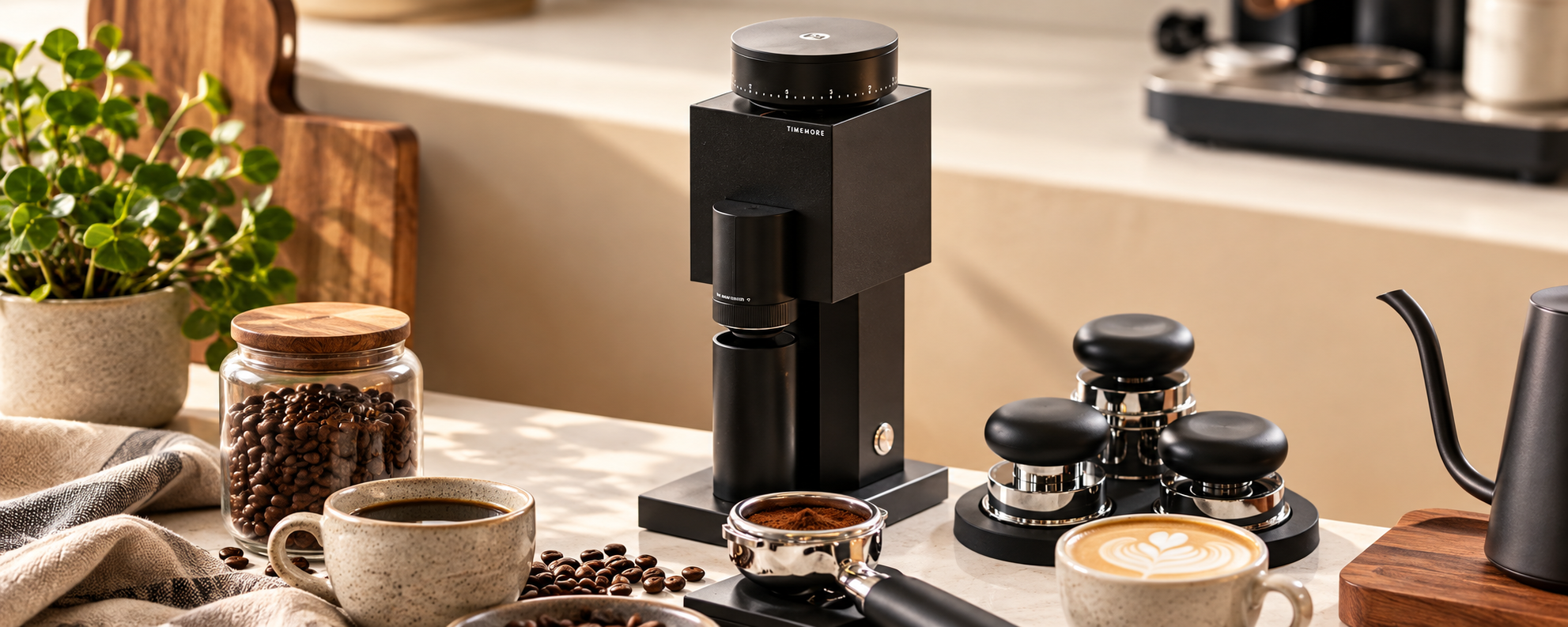 Timemore coffee grinder with coffee beans and brewing equipment on a warm kitchen counter