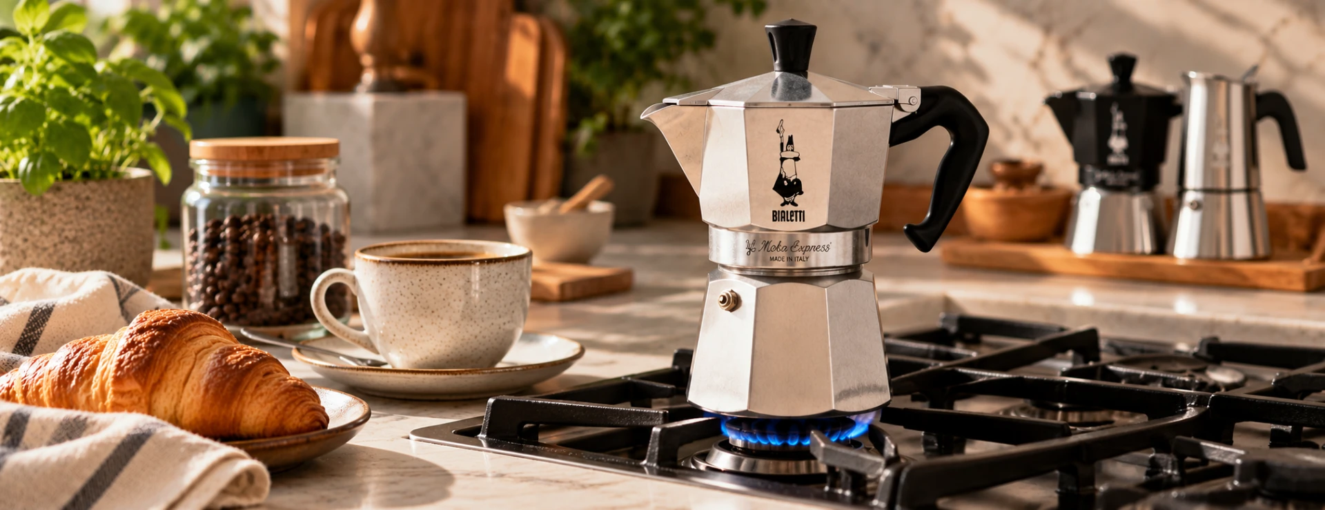 Bialetti Moka Express brewing on a gas hob in a warm kitchen with coffee and breakfast nearby.