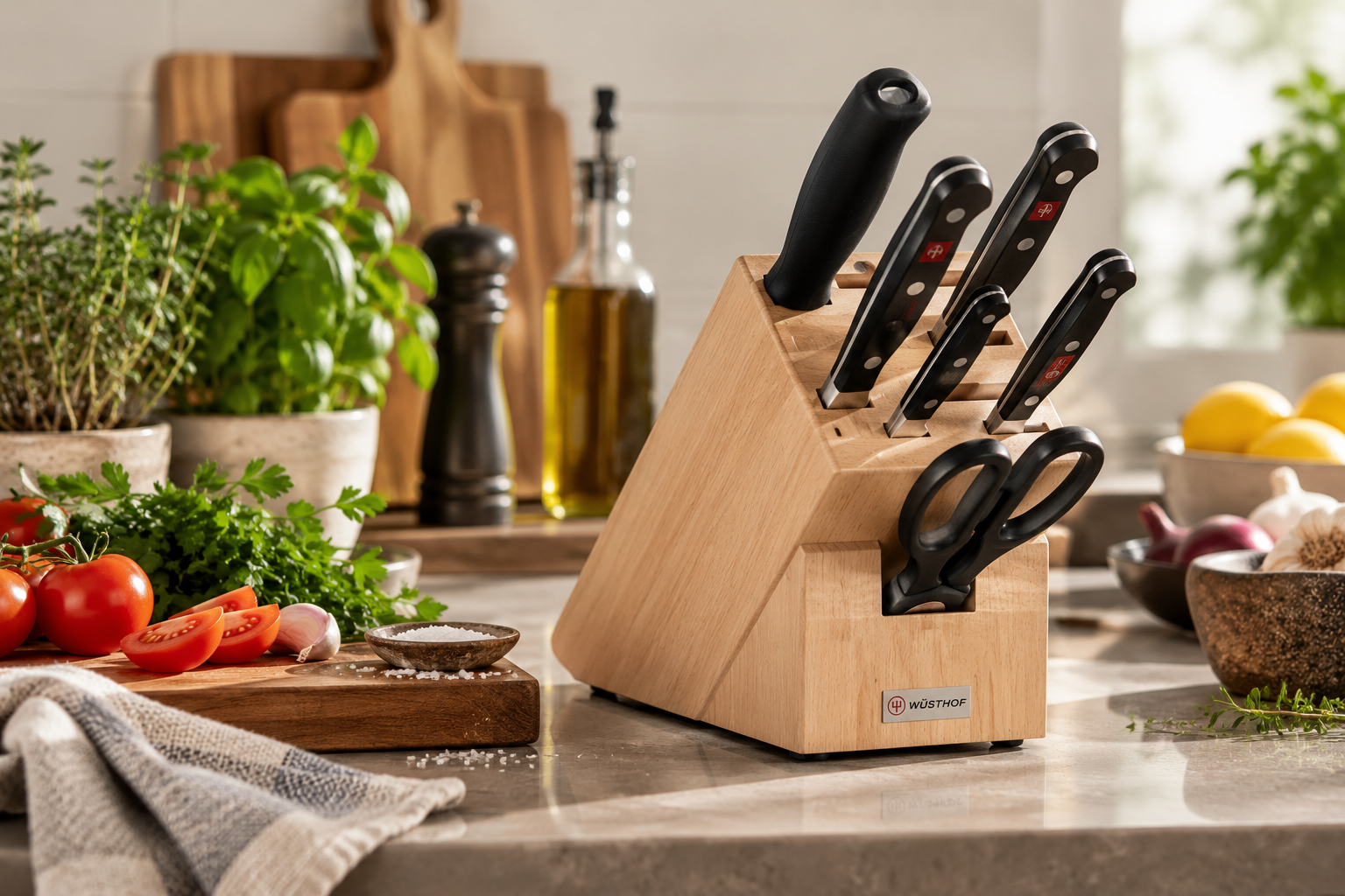 A Wüsthof beechwood knife block with knives and kitchen shears on a kitchen counter beside fresh herbs and tomatoes