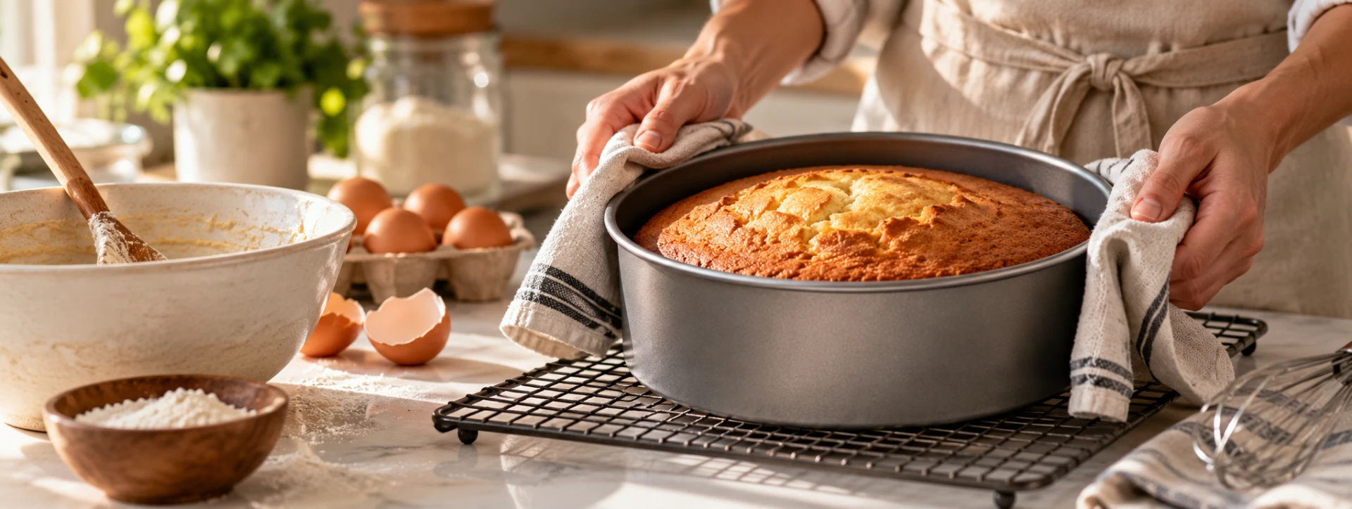 A freshly baked cake in a grey non-stick round pan resting on a wire cooling rack, with a mixing bowl, eggs and flour on a marble worktop