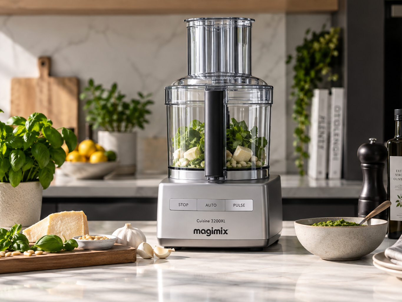 A Magimix Cuisine 3200XL Satin food processor on a marble kitchen counter with basil, parmesan and olive oil