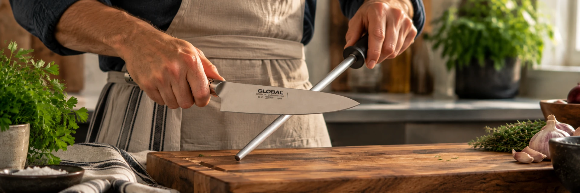 Hands honing a Global kitchen knife with a sharpening steel over a wooden cutting board.