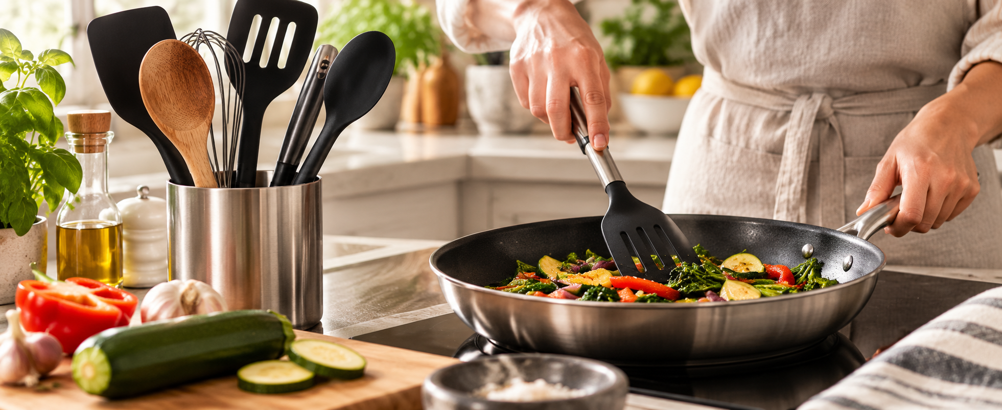 Person using a black kitchen utensil to cook vegetables in a stainless-steel pan, with other cooking utensils nearby