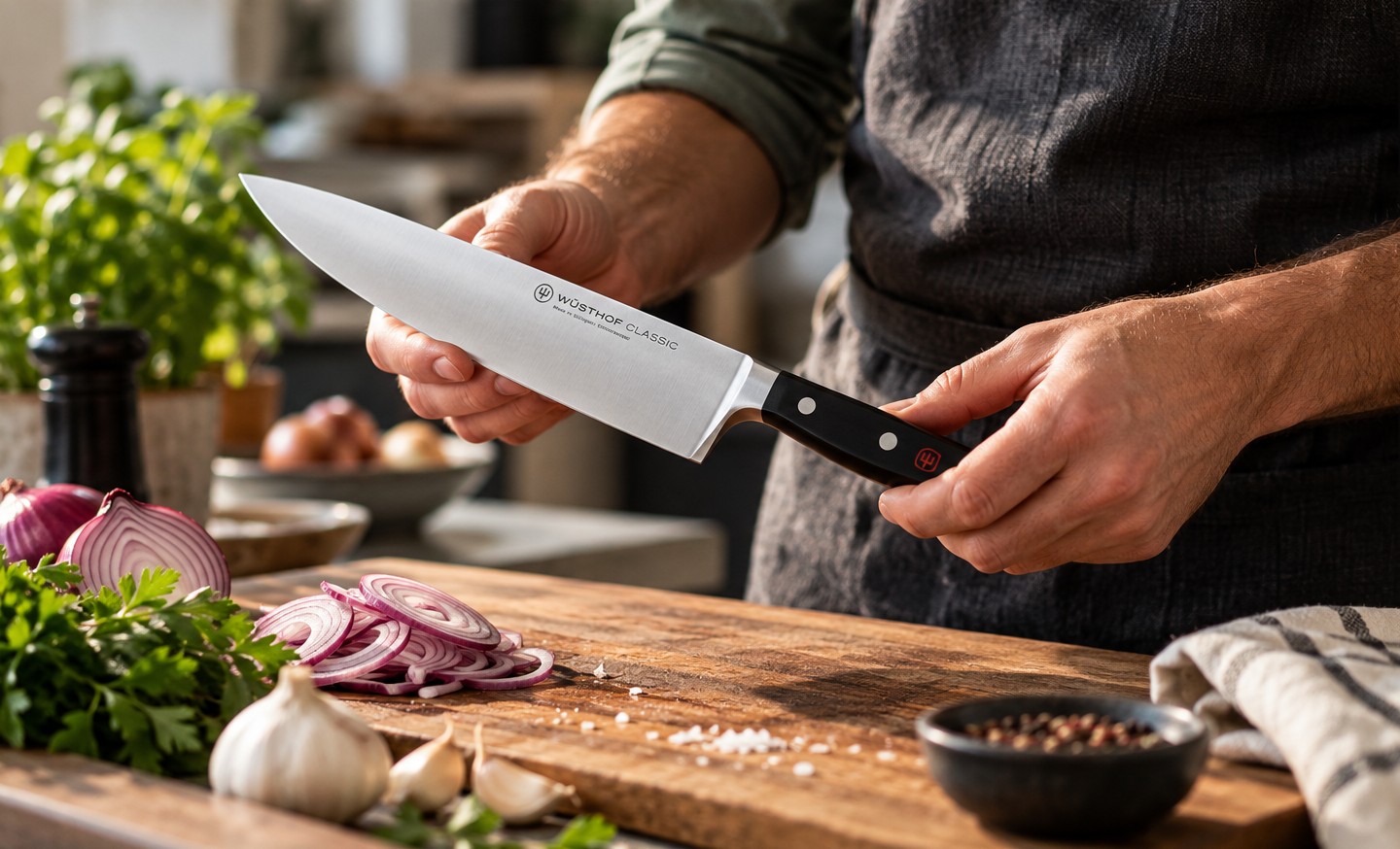 A cook holding a Wüsthof Classic chef's knife in both hands, feeling its weight and balance over a board of sliced red onion