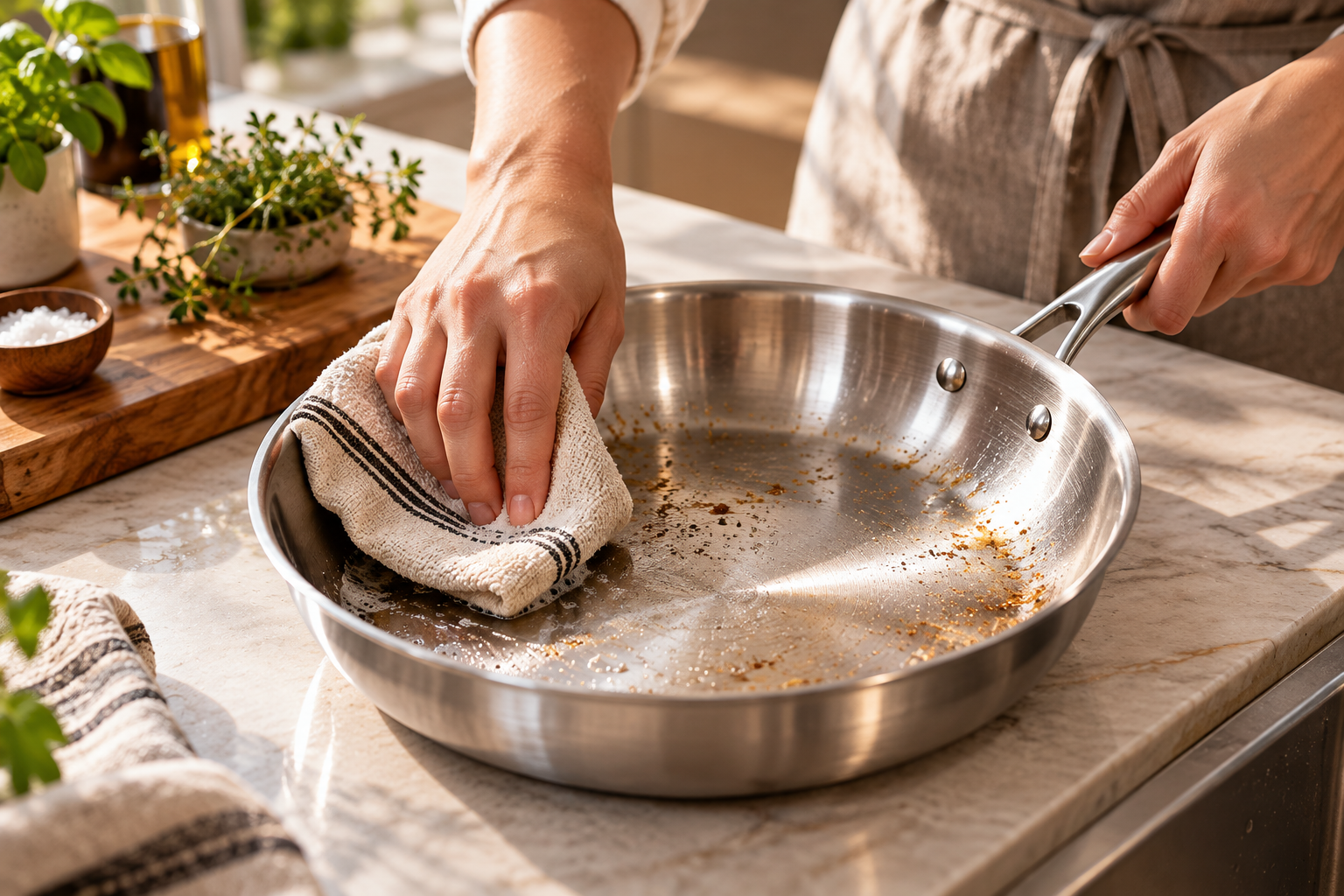 A person wiping a stainless steel frying pan with a striped cloth on a sunlit kitchen worktop