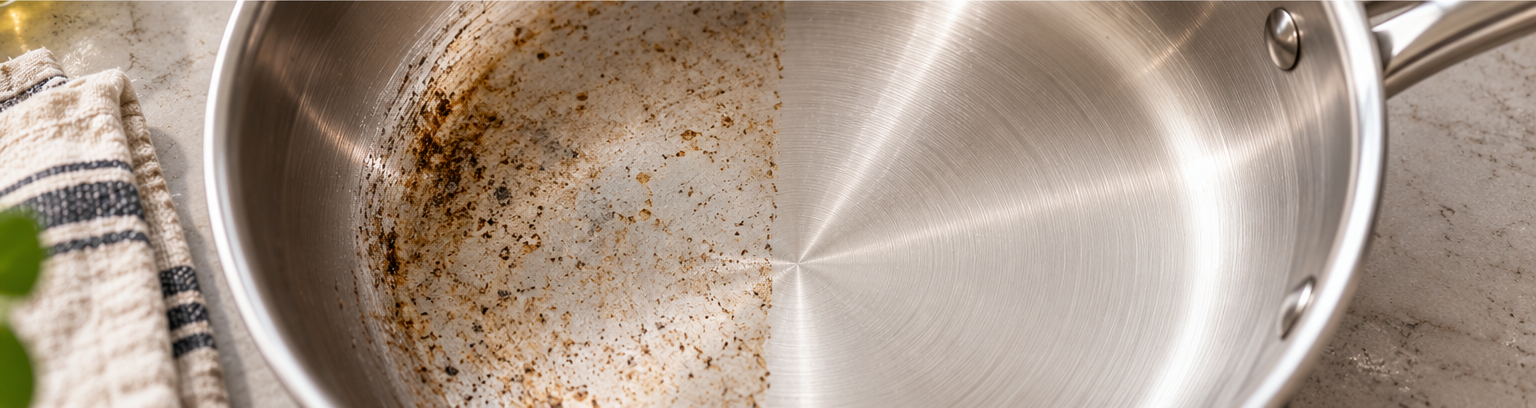 A stainless steel pan interior, half covered in burnt-on residue and half cleaned bright