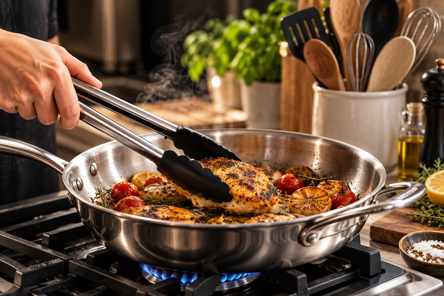 Hand using tongs to lift seasoned chicken from a stainless skillet on a gas hob