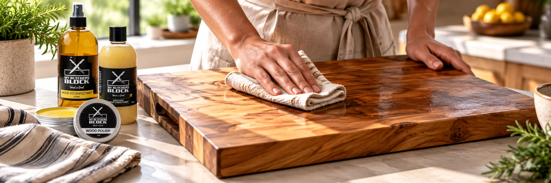 Hands conditioning a wooden chopping board with a cloth, beside My Butchers Block wood disinfectant, beeswax conditioner and wood polish