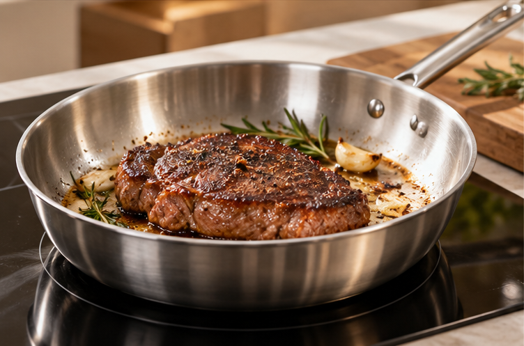 A steak browning with garlic and rosemary in an uncoated stainless steel frying pan on a hob