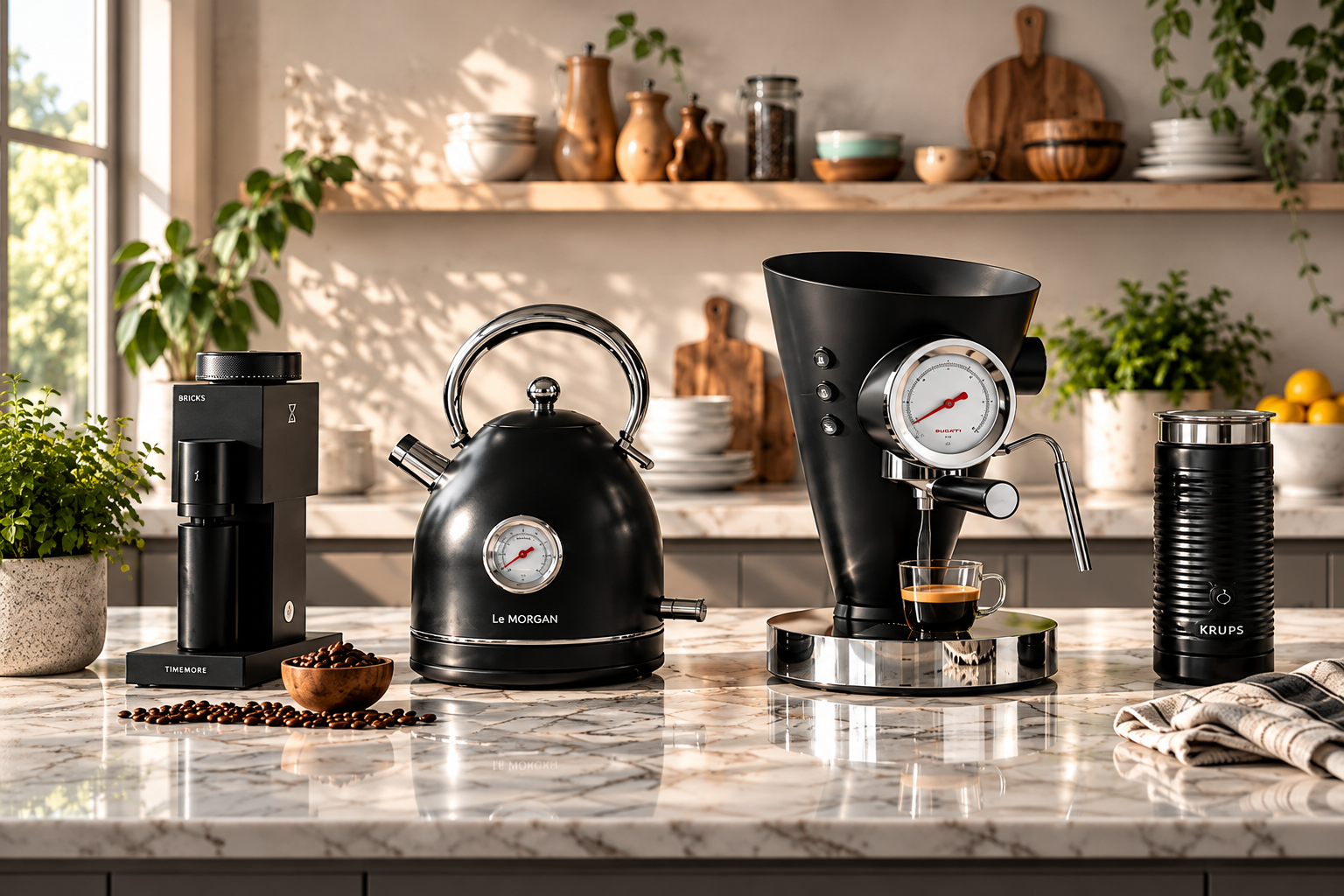 A Timemore Bricks electric grinder, Le Morgan black kettle, Bugatti Diva espresso machine and Krups milk frother on a marble kitchen counter