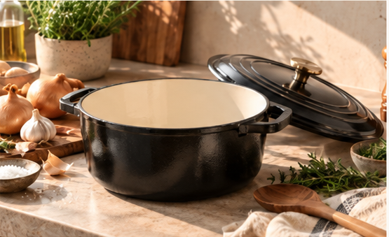 A black cast iron casserole with its lid beside it on a kitchen counter with herbs and garlic