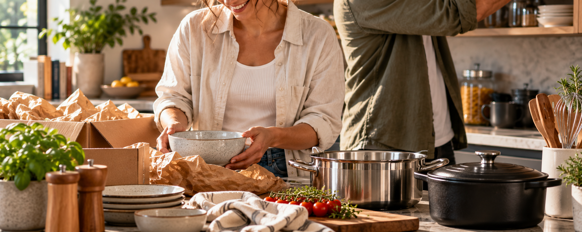 Couple setting up a first kitchen with cookware, bowls and kitchen essentials on a countertop.