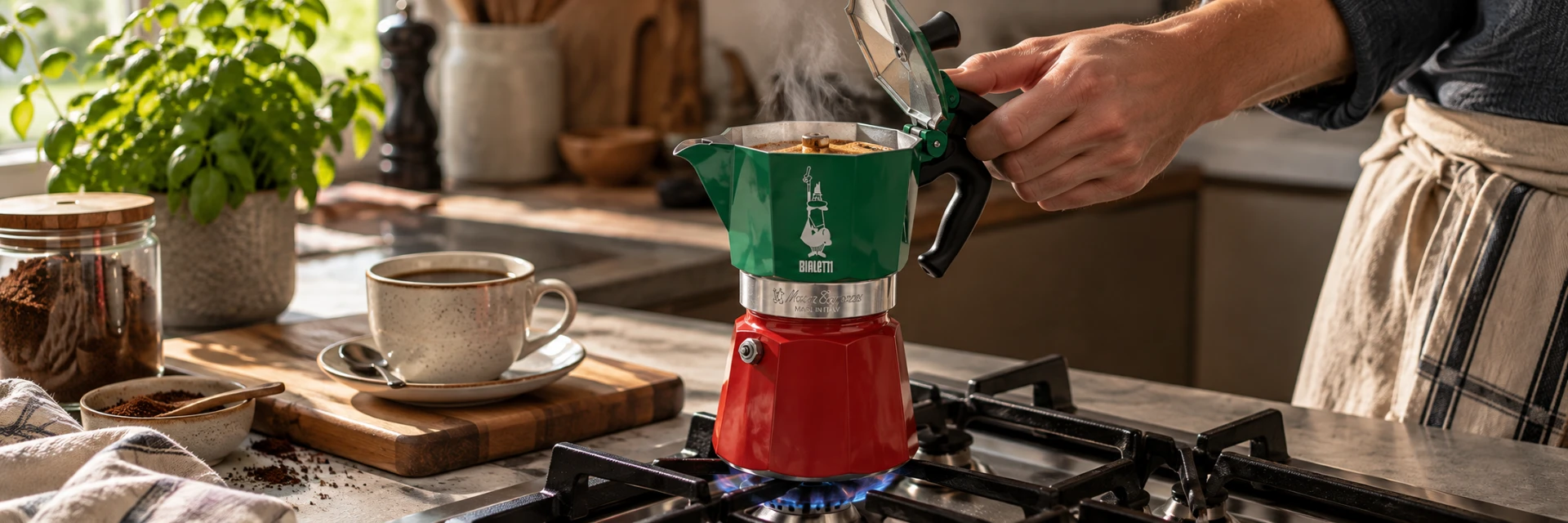 Hands using a green and red Bialetti Moka Express on a stovetop in a warm kitchen.