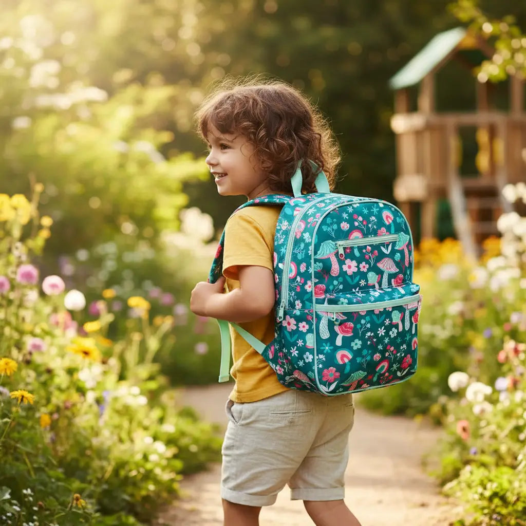 A child wearing a Stephen Joseph mushroom-print junior backpack on a garden path