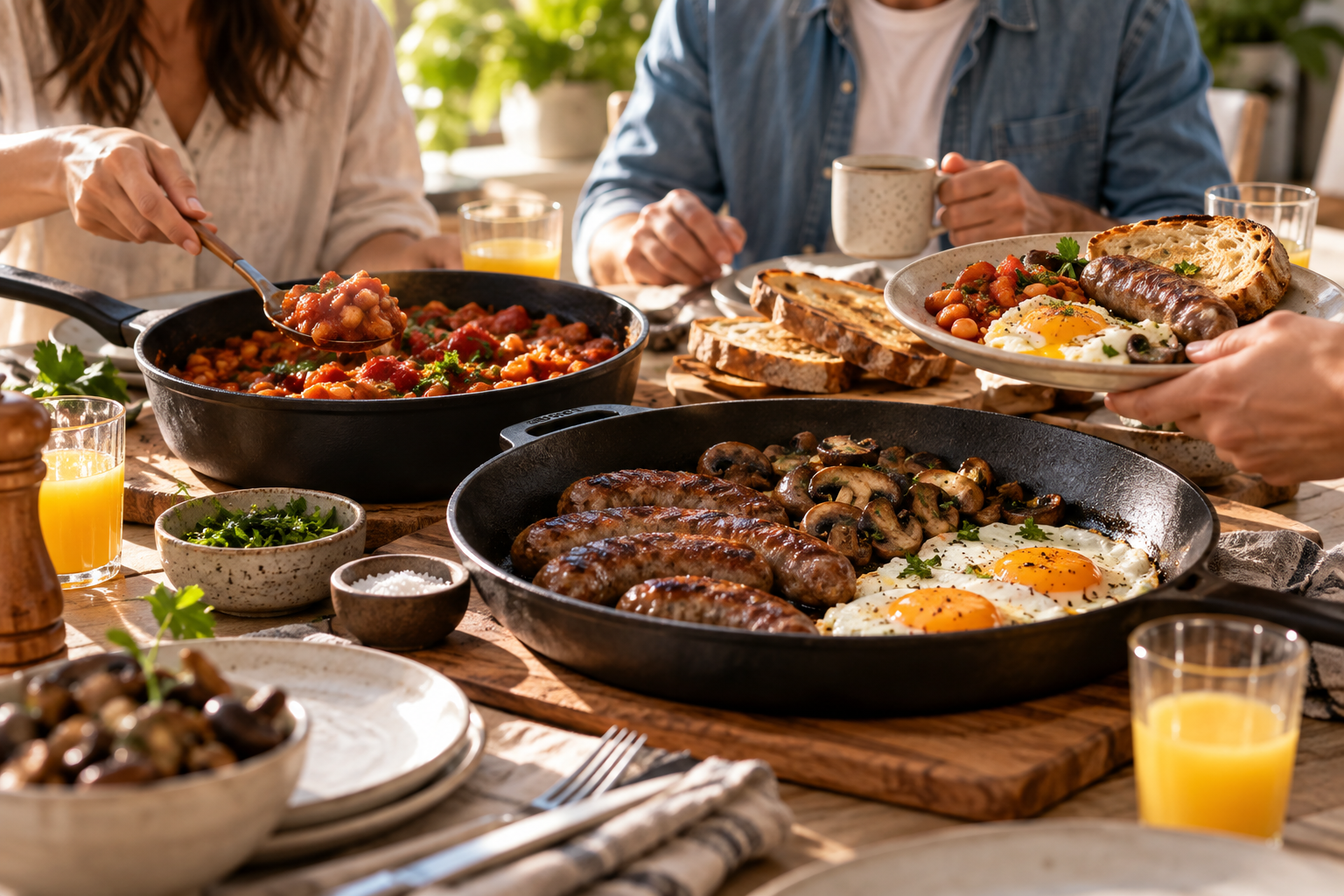 A sunlit brunch table with boerewors, fried eggs and mushrooms in a cast-iron pan, tomato-and-bean relish being served, toast and people sharing the meal