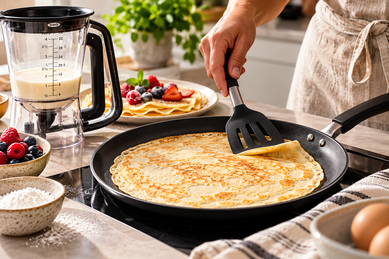 A cook lifting a golden crêpe with a spatula in a black crêpe pan on an induction hob, beside an OXO batter dispenser and berries