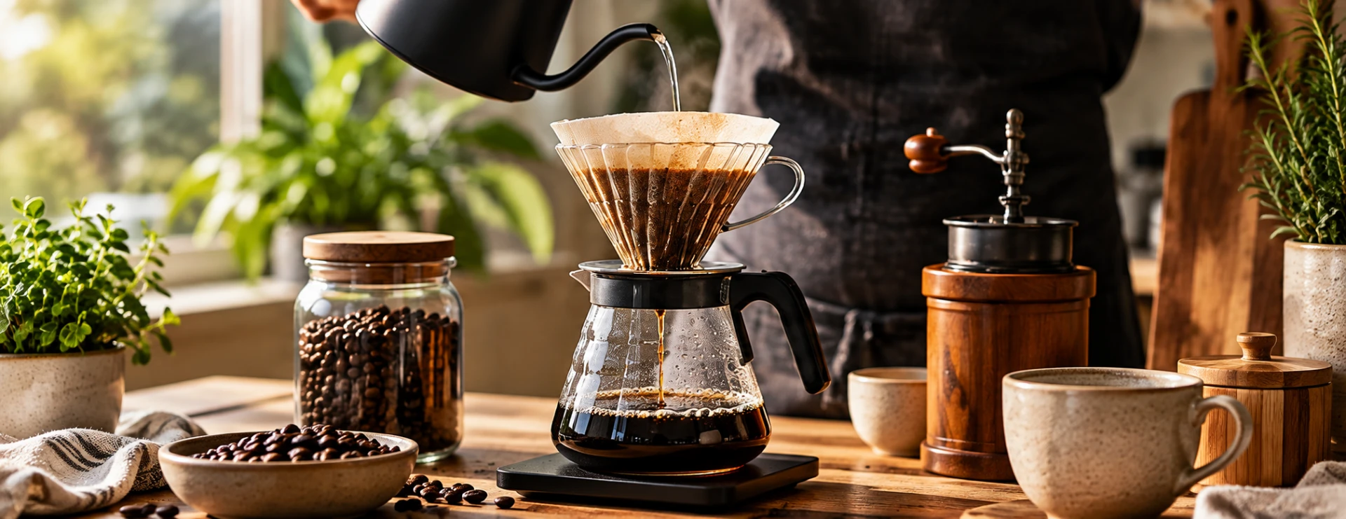 V60 pour-over coffee being brewed in a warm kitchen