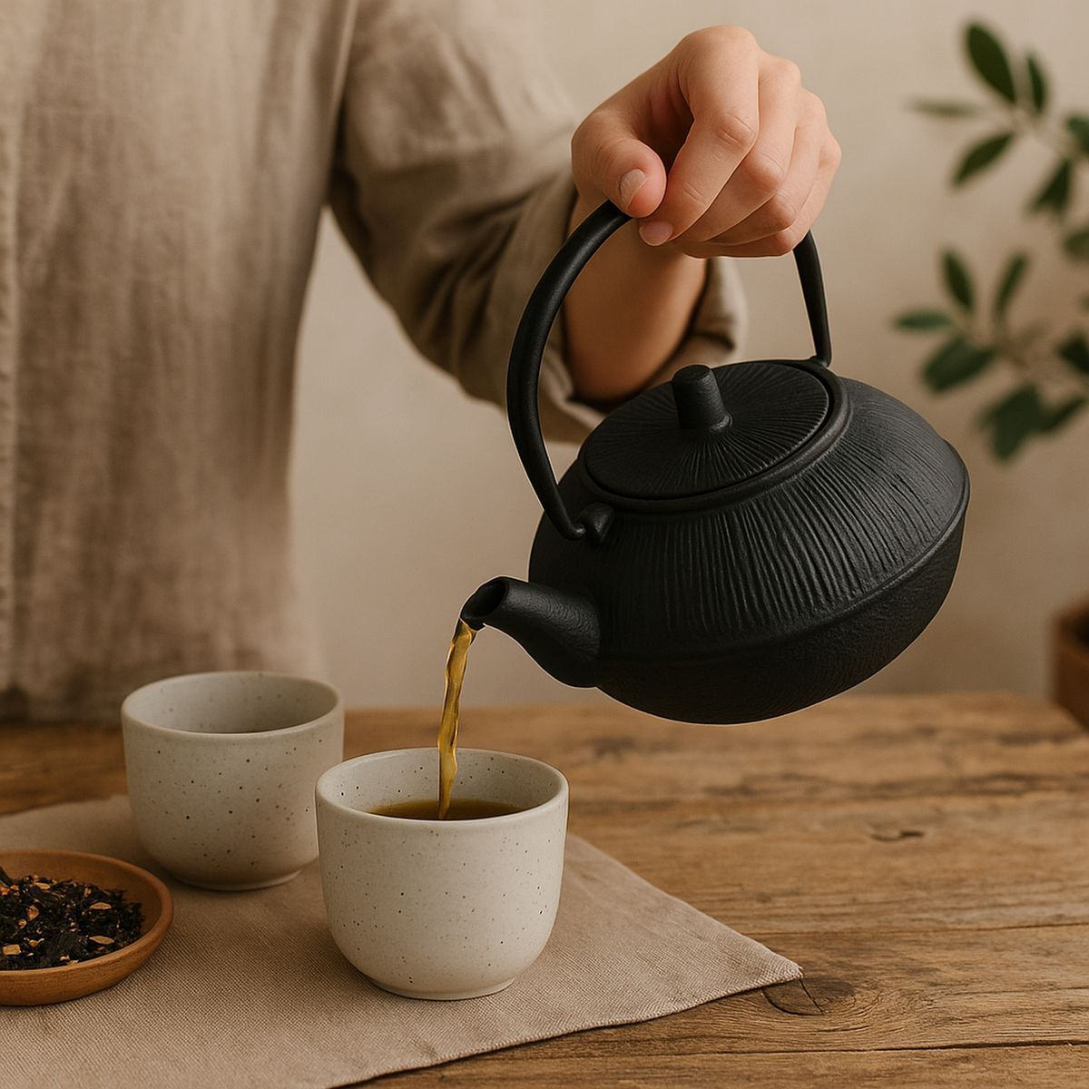 A black cast iron teapot pouring freshly brewed tea into speckled ceramic cups on a wooden table