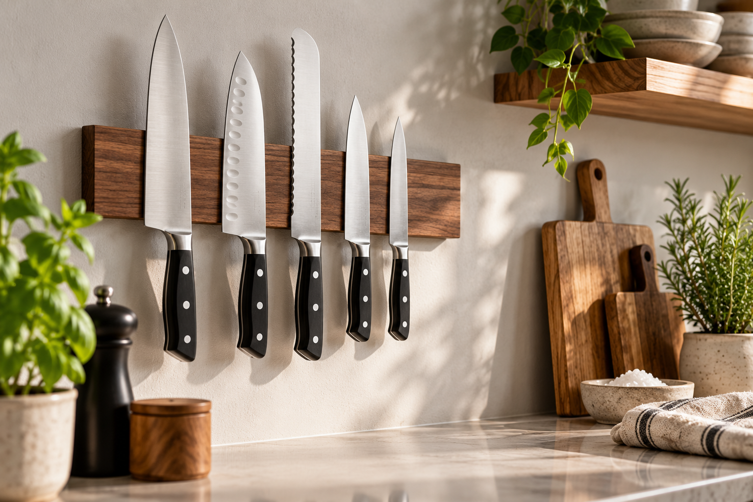 Five kitchen knives stored on a wooden magnetic strip in a sunlit kitchen