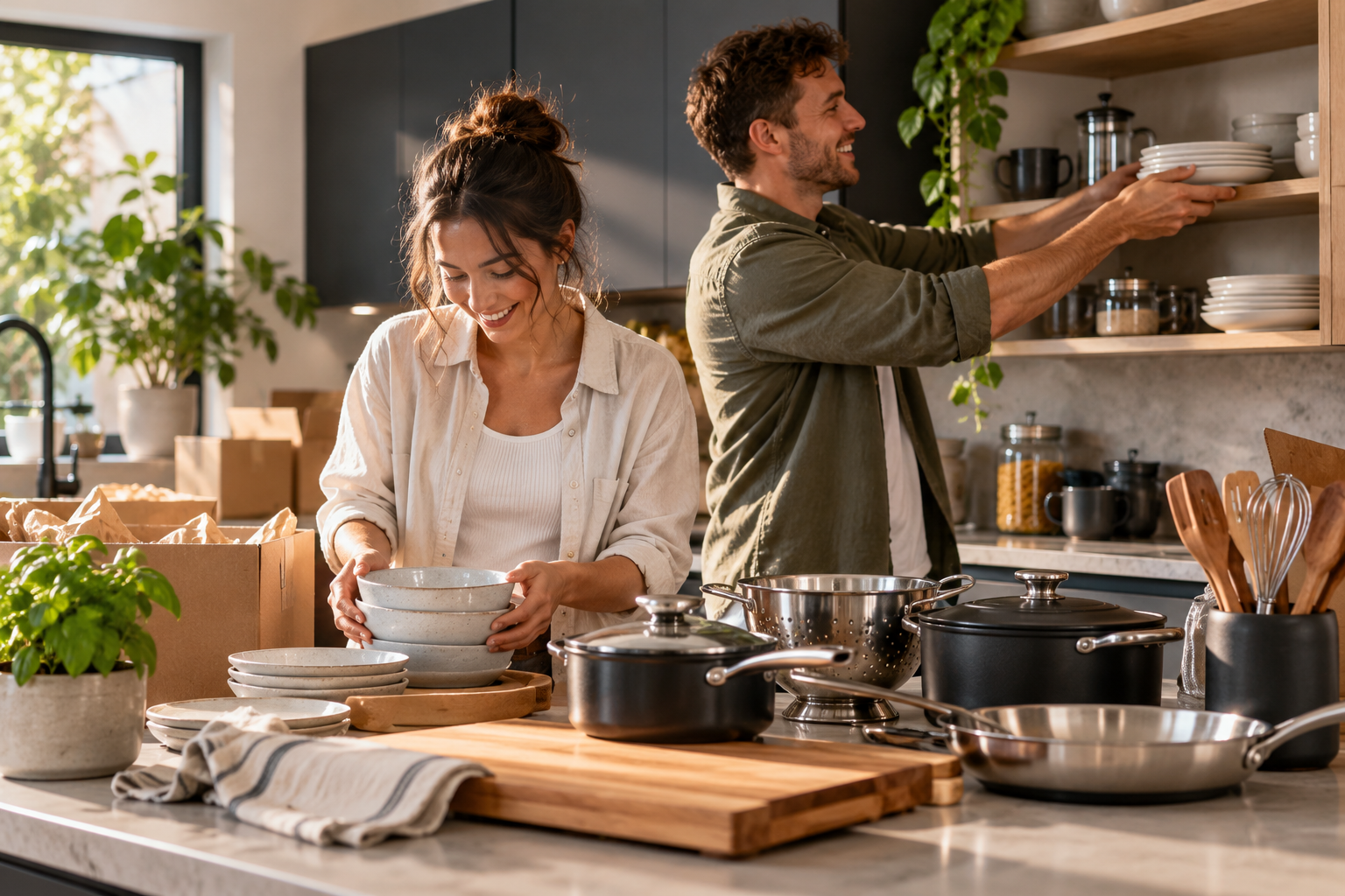 Two people setting up a new kitchen, unpacking bowls, shelving plates and arranging pots, pans and a wooden board