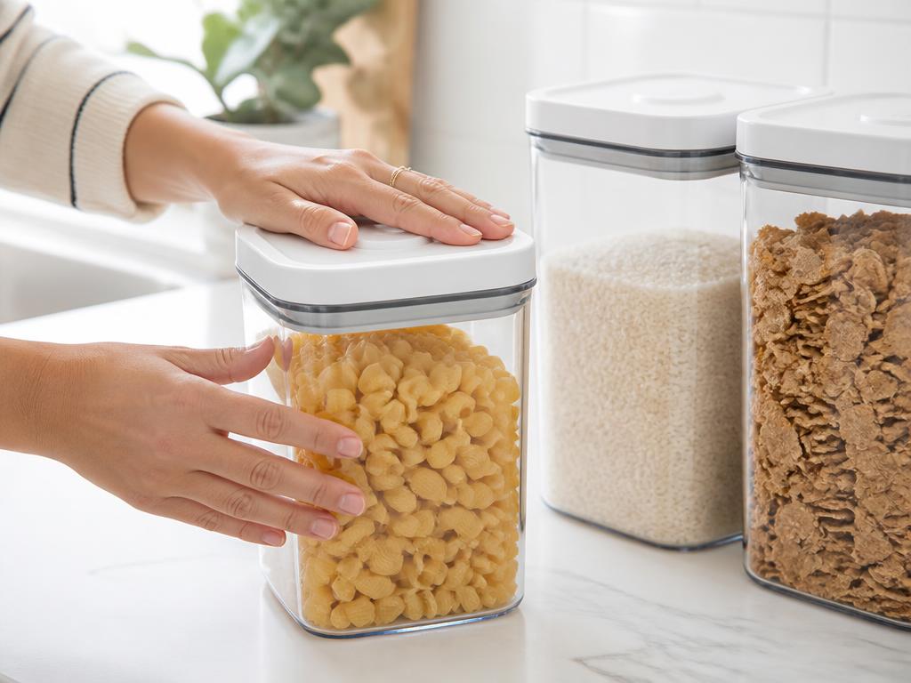 Set of clear airtight food storage containers holding nuts, dried fruit and tea beside a handheld sealer on a kitchen counter