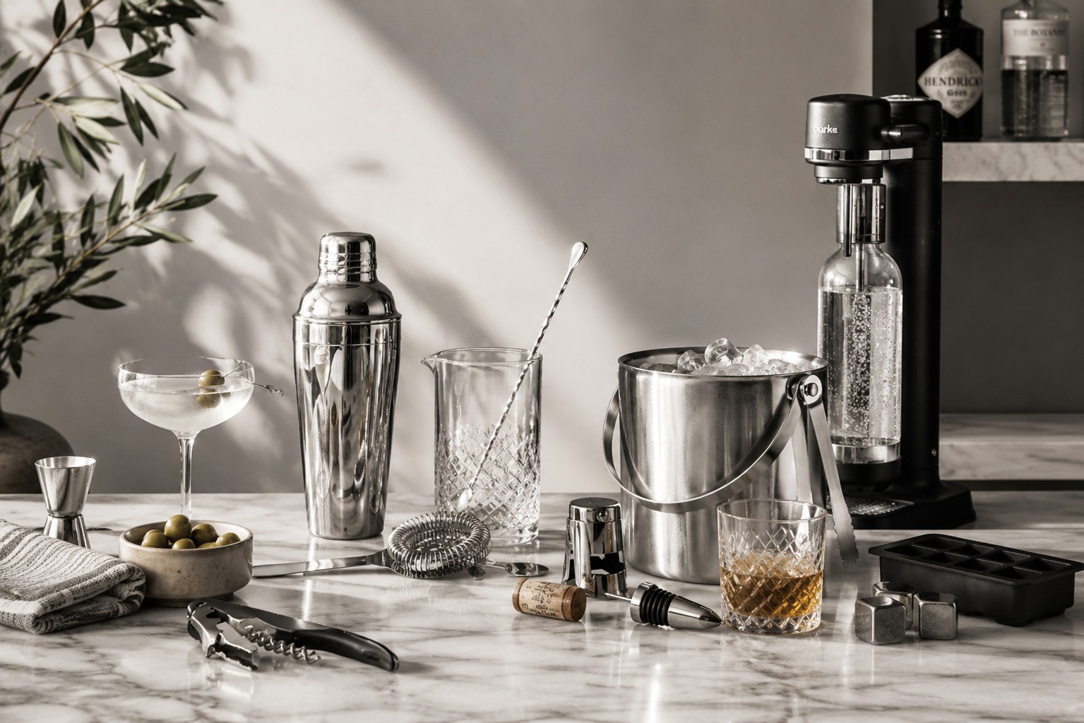 Cocktail shaker, corkscrew, ice bucket and a chilled coupe glass on white marble