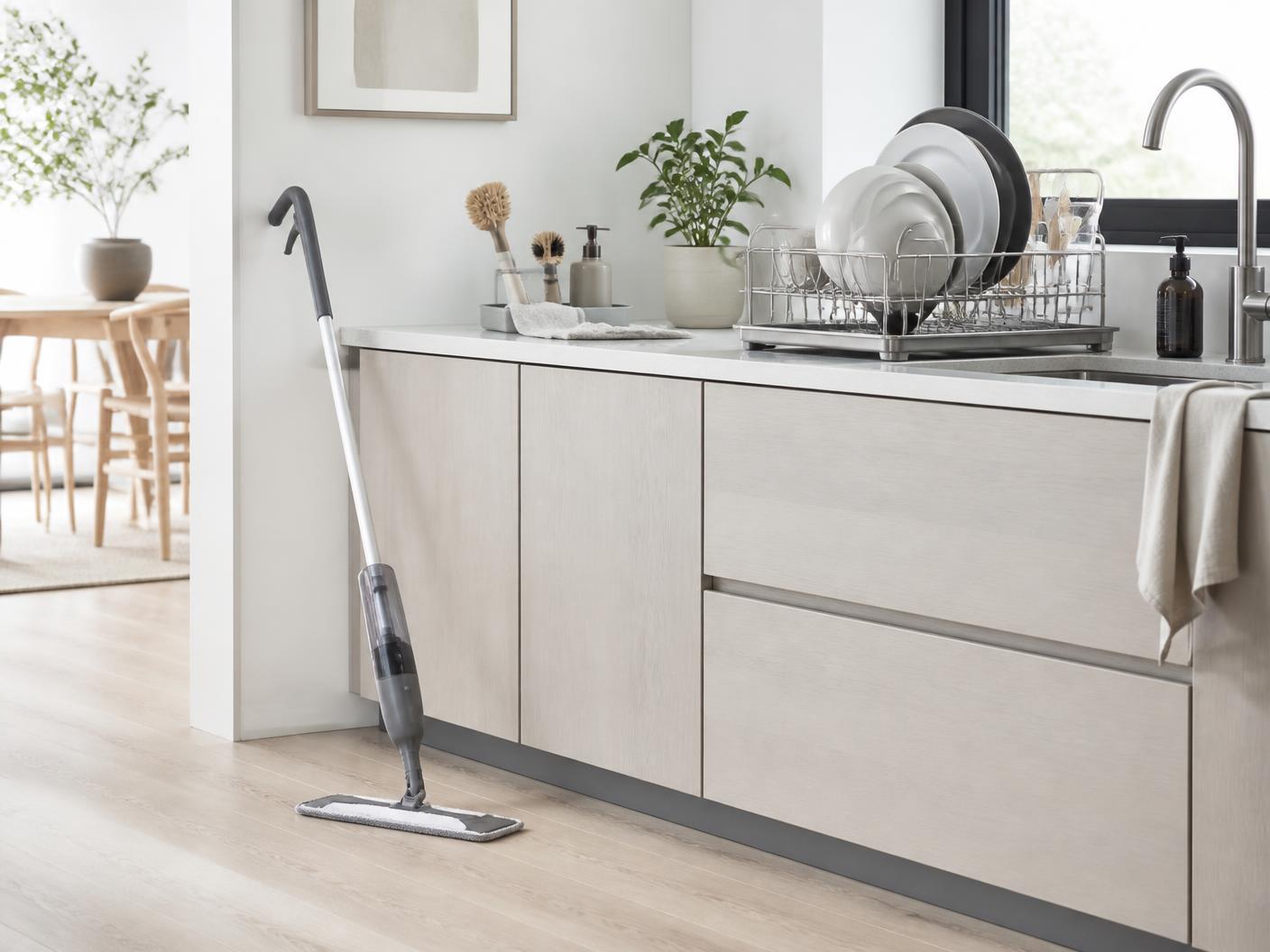 A bright kitchen after cooking with a microfibre spray mop on the wooden floor, a stainless dish rack of drying plates by the sink and dish brushes in a counter caddy