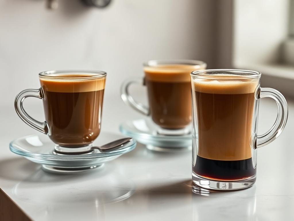 Double-walled glass coffee cups and saucers filled with espresso on a light counter