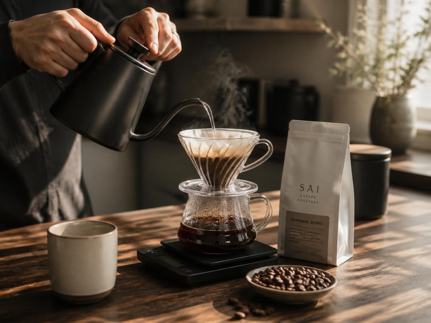 A gooseneck kettle pouring a slow spiral of water over a paper filter into a glass pour-over carafe on a warm morning counter