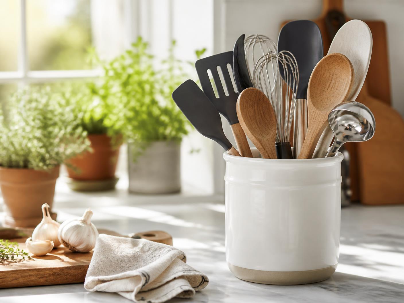Cooking utensils — spatula, wooden spoons, ladle and whisk — standing in a white ceramic holder on a pale stone counter in soft daylight