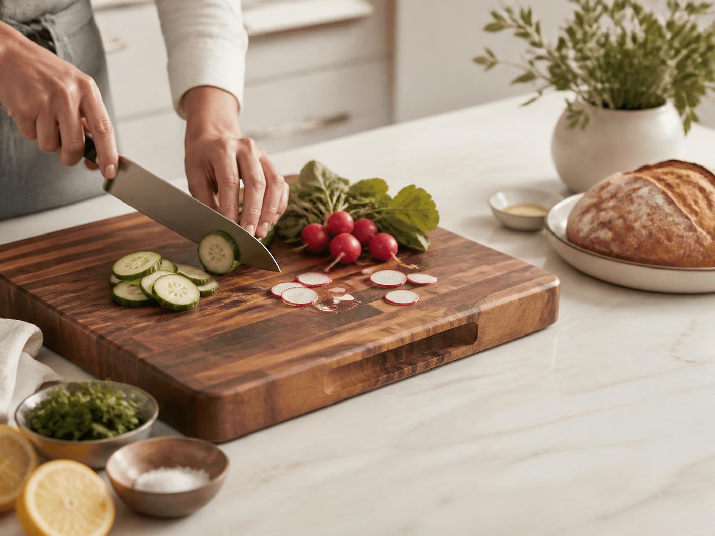 Hands slicing fresh cucumber and radish on a substantial acacia wood cutting board in a bright modern kitchen, with bread, lemons and herbs nearby