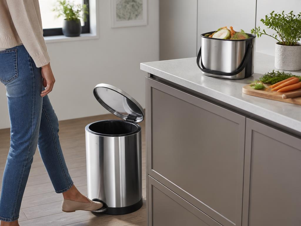 A stainless steel pedal bin being opened by foot beside a counter-top compost caddy of vegetable peelings