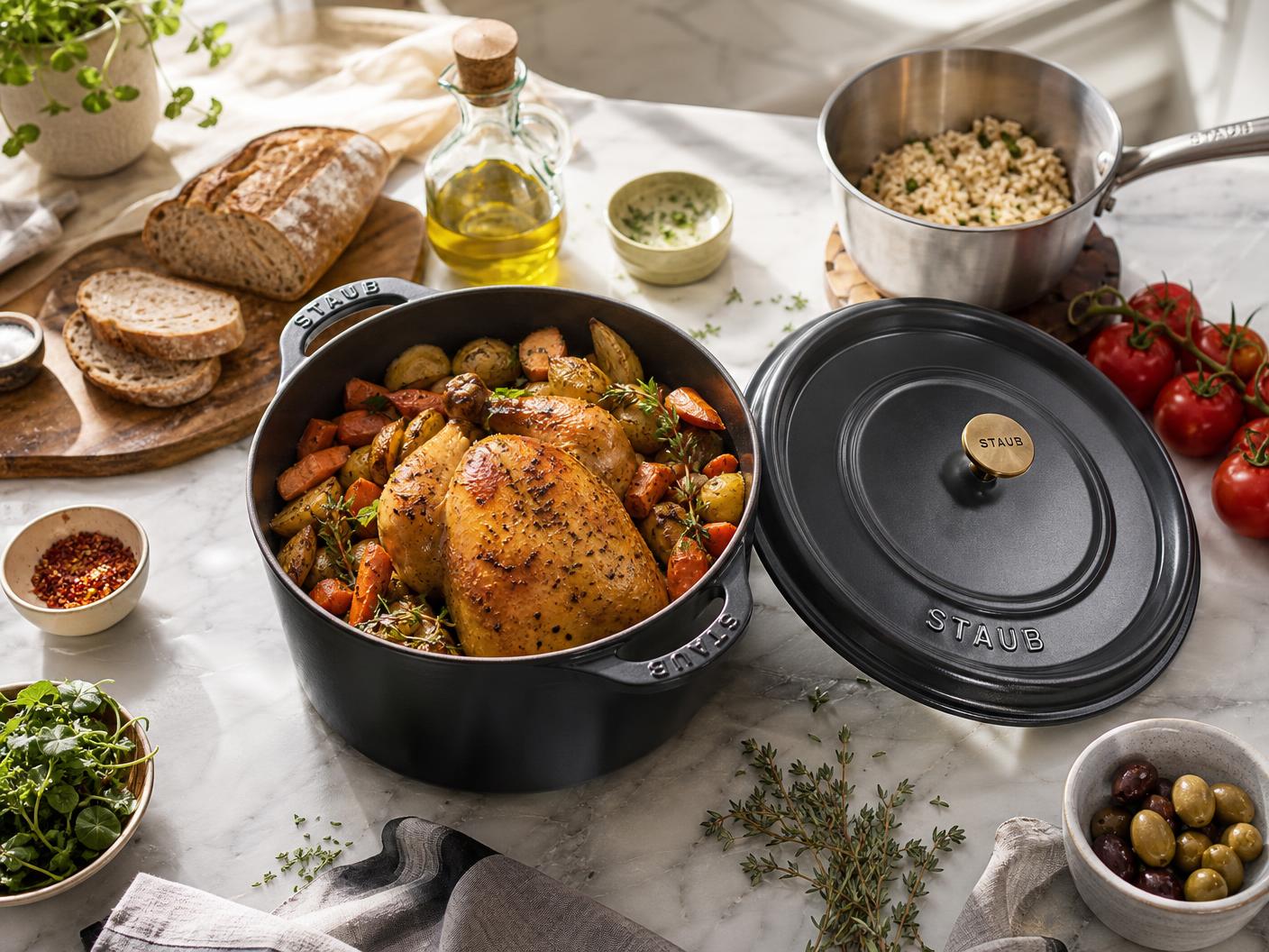 A dark Staub Dutch oven filled with a roast chicken and vegetables, the Staub lid beside it, on a pale marble counter with bread, herbs, tomatoes and olive oil