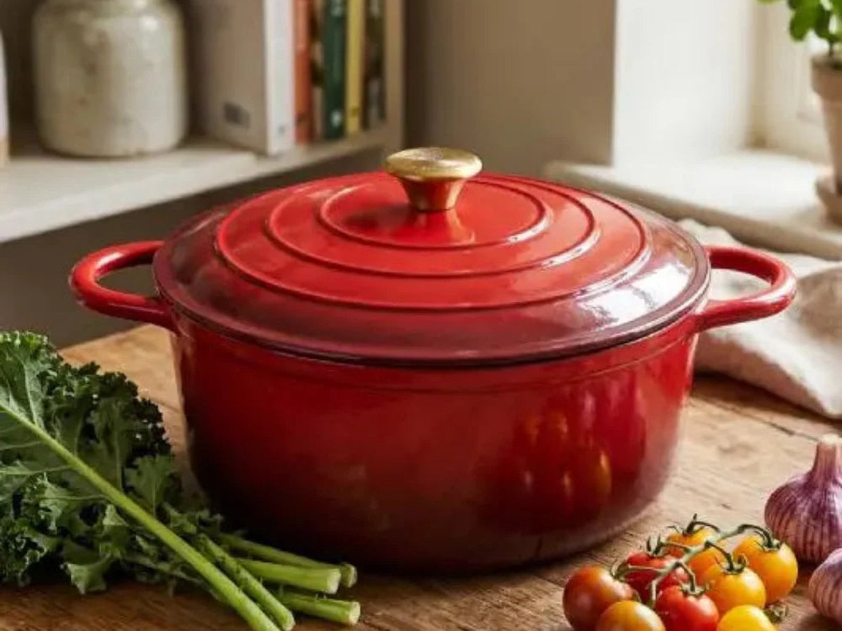 A red enamelled cast-iron casserole pot on a timber worktop in a bright farmhouse kitchen with tomatoes and kale