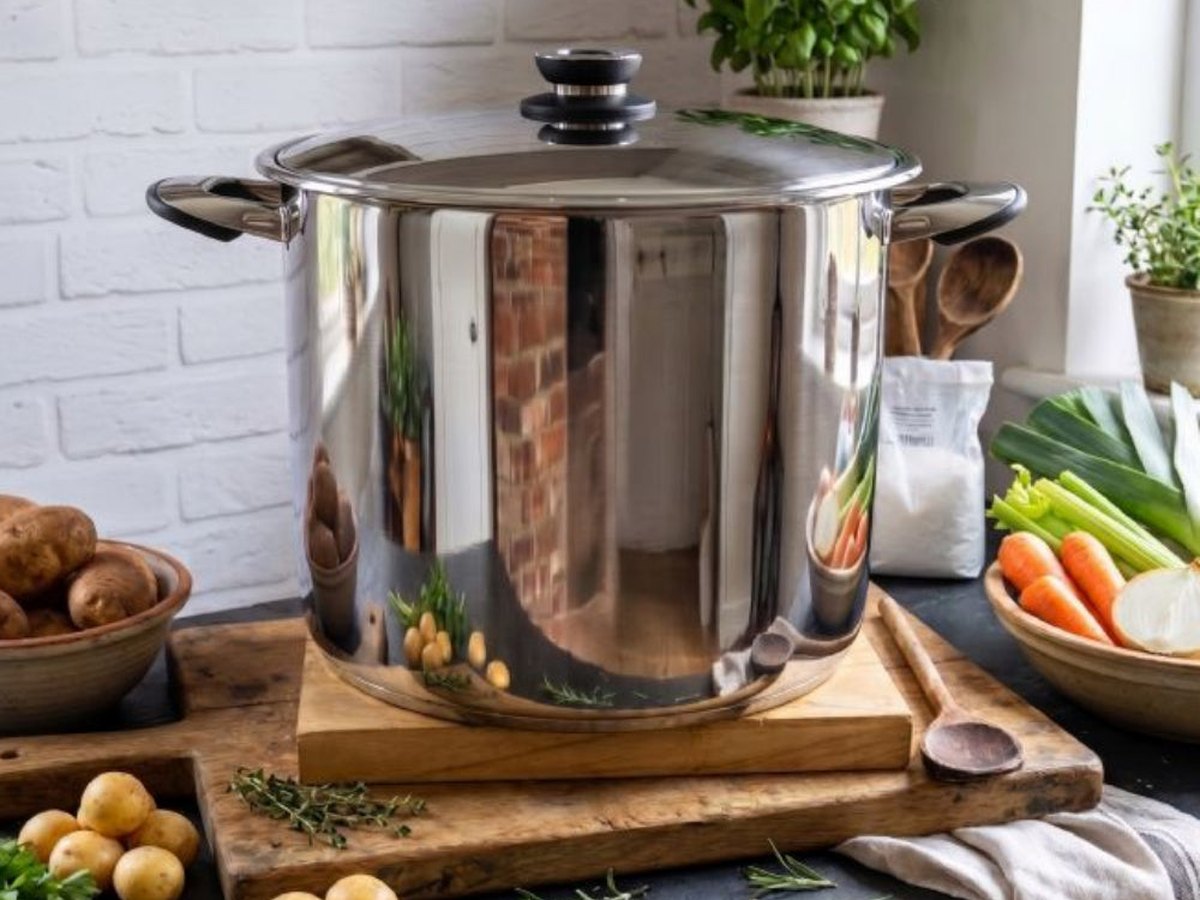 A tall polished stainless steel stock pot on a slate board in a bright white kitchen with fresh vegetables