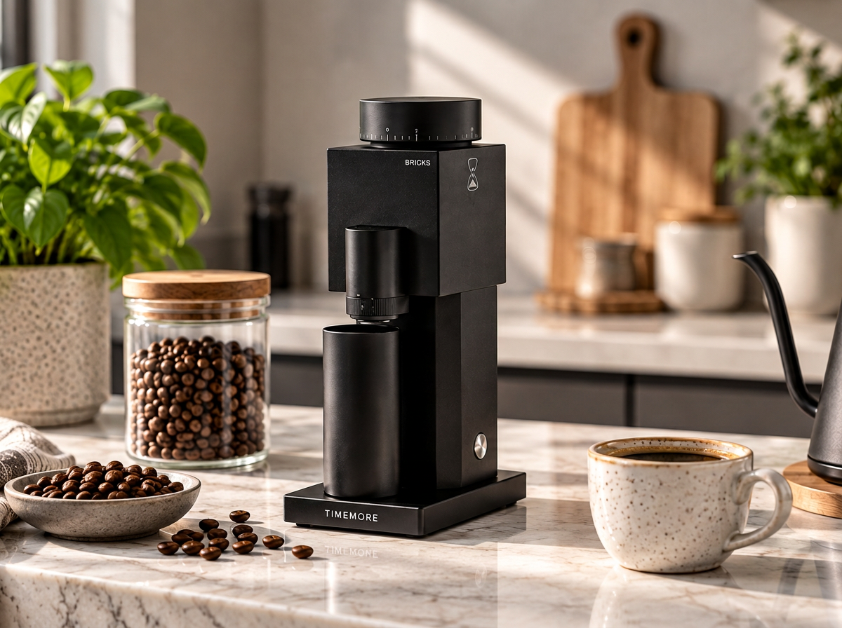 A Timemore Bricks electric coffee grinder on a marble kitchen counter with coffee beans and a fresh cup of coffee